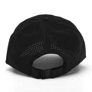 Rear view of black breathable quick-dry baseball cap with laser-perforated mesh and buckle
