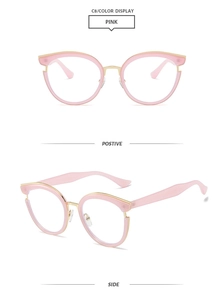 Detail view of pink TR90 cat-eye glasses with gold metal bridge and stylish frame