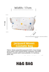 Detail of white jacquard fabric makeup bag with geometric patterns and H&R BAG woven label