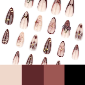 Kit di unghie finte 3D a mandorla con motivi bordeaux scuro, fiori e decori ciliegia