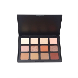 12-color warm earth tone eyeshadow palette with matte and shimmer textures in black case