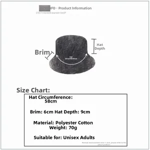 Detailed size chart for unisex rainbow bucket hat with 58cm circumference and cotton blend fabric