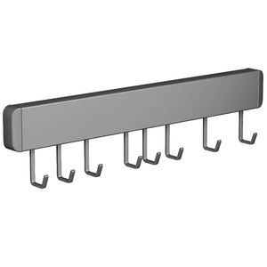 Wall-mounted kitchen hook rack in matte grey with 8 J-shaped hooks for utensil storage