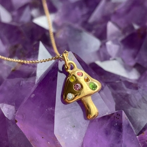 Titanium steel mushroom necklace with colorful crystals and 18K gold plated chain