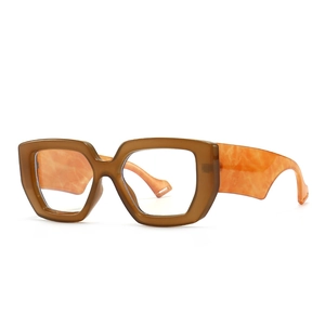 Chic square blue light glasses with brown frame and orange marble patterned temples