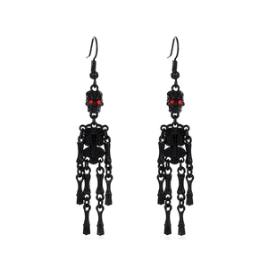 Gothic black skeleton dangle earrings with red rhinestone eyes for Halloween party