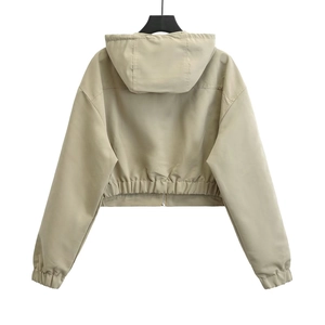 Women's khaki cropped drawstring hooded jacket featuring elastic back waist and zipper