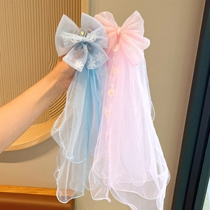 Blue and pink princess hair veils for girls featuring crowns and snowflake bows