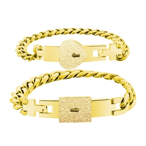 Gold-plated stainless steel Cuban link bracelets with heart and square lock charms