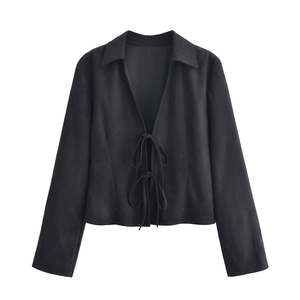 Women Long Sleeve Blouse Top Suede Texture Solid Color Tie Up Bow Shirt Collar Slim Fit Chic Fashionable Elegant