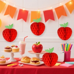 Decorazioni di mele in carta a nido d'ape rosso con foglie verdi per feste scolastiche