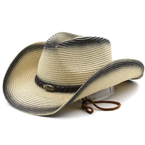 Classic straw cowboy hat with beige-grey gradient and decorative brown leather band