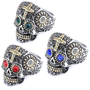 Retro Skull Ring 316L Stainless Steel Cross Engraved Gothic Punk Jewelry For Men With Rhinestone Eyes