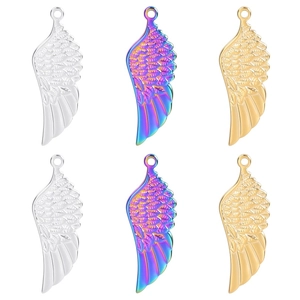 Wing Pendant Charm Stainless Steel Feather Texture Jewelry Findings For DIY Necklace Making Rainbow Plated Punk Gothic
