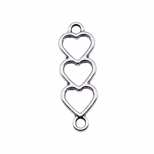 Silver triple heart charm connector with double hanging rings for DIY jewelry