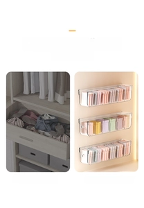 Wall-mounted transparent organizers showing tidy socks and underwear storage comparison