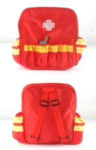Front and back view of red firefighter backpack with FIRE DEPT logo and reflective strips