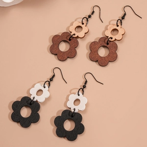 Bohemian retro hollow wooden flower earrings in brown and black tones for women