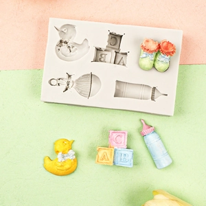 Baby shower silicone mold with duck, baby bottle and letter blocks for cake baking