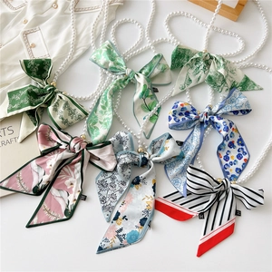 French vintage pearl necklace with floral silk scarf ribbons in various elegant patterns