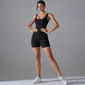 U-neck backless black yoga romper featuring body-shaping fit and high-stretch fabric