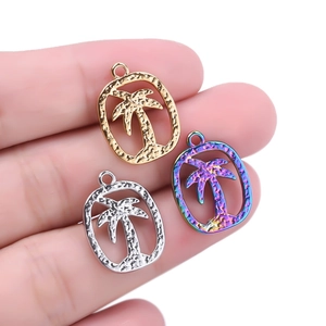 Three 304 stainless steel coconut tree charms in gold, silver, and rainbow finishes