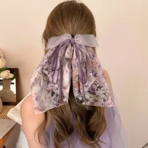 Elegante fermaglio per capelli in chiffon floreale viola con fiocco grande e nastri
