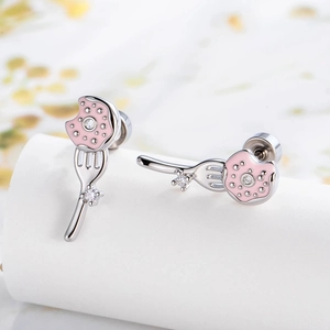 Pink Donut Fork Shape Ear Cartilage Stud Titanium Steel Zircon Enamel Piercing Jewelry Cute Niche Double Head Screw Back
