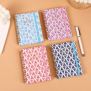 Spiral Notebook Hardcover With Elastic Band Closure Horizontal Lined Pages Geometric Cactus Pattern Portable Writing Journal