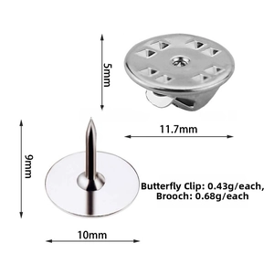 Detailed dimensions of silver butterfly clutch pin backs and 10mm metal bases