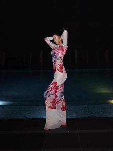 Slim fit long sleeve bodycon dress with vibrant red and blue floral print on white mesh