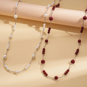 Elegant long faux pearl and dark red beaded sweater necklace with long metal chain