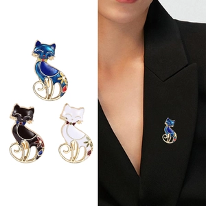 Cartoon enamel cat brooch set in blue black white for suits and casual wear