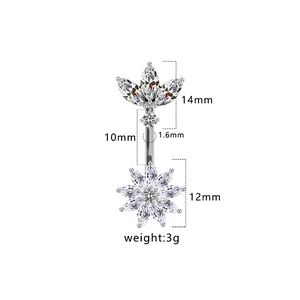 Dimensions du piercing de nombril en zircon coeur avec tige 10mm et épaisseur 1,6mm