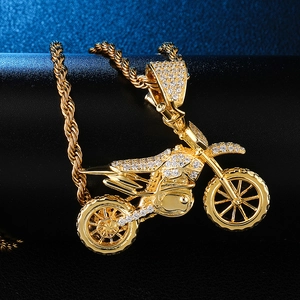 Iced-out gold motorcycle pendant necklace with full rhinestones on rope chain