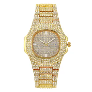 Womens Quartz Watch Full Rhinestone Studded Metal Band Calendar Fashion Luxury Timepiece For Lady