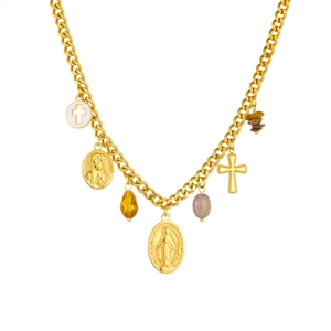 18K gold plated stainless steel layered necklace with cross and Virgin Mary oval pendants