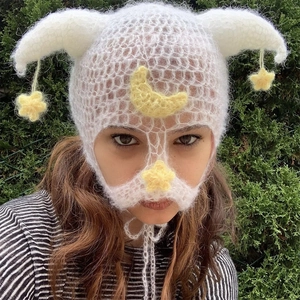 Handmade Crochet Knitted Balaclava Hat Devil Horn Star Decor Warm Windproof Funny Winter Beanie Adult Accessory