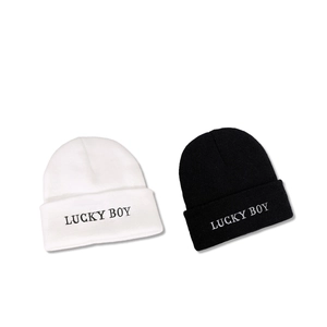 LUCKY BOY knit beanies in black and white colors, minimalist soft winter warm skull caps
