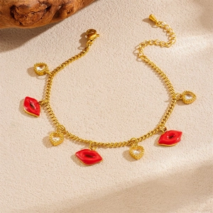Chic stainless steel chain bracelet with red enamel lips and heart zircon charms