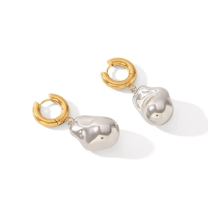 Elegant 18K gold-plated stainless steel hoop earrings with baroque pearl charms