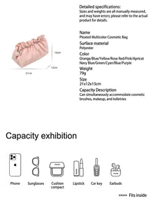 Beauty case rosa plissettato con cerniera a perla e dettagli sulla capacità interna