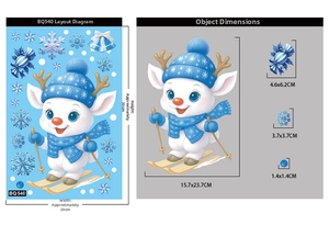 Detail view of cartoon reindeer Christmas stickers with snowmen and snowflakes dimensions