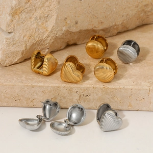 Polished stainless steel heart and round hoop earrings with textured stripes finish