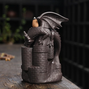 Ceramic dragon backflow incense burner on castle tower with mystical flowing smoke effect