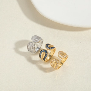 Three 14k gold plated open rings with fan-shaped zirconia and deep blue stones