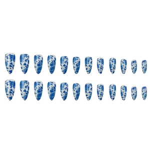 Blue porcelain style long almond press-on nails with floral patterns set of 24 pieces