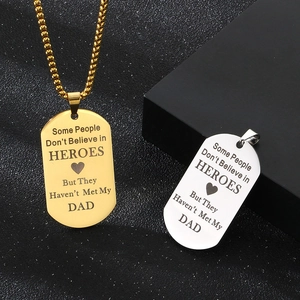 Gold and silver stainless steel DAD dog tag necklaces with engraved hero tribute message