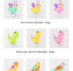 Tableau détaillé des tailles et poids pour jouets à remonter abeille et dinosaure en plastique
