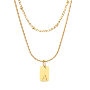 Double-layered 18K gold plated stainless steel necklace with letter A square pendant